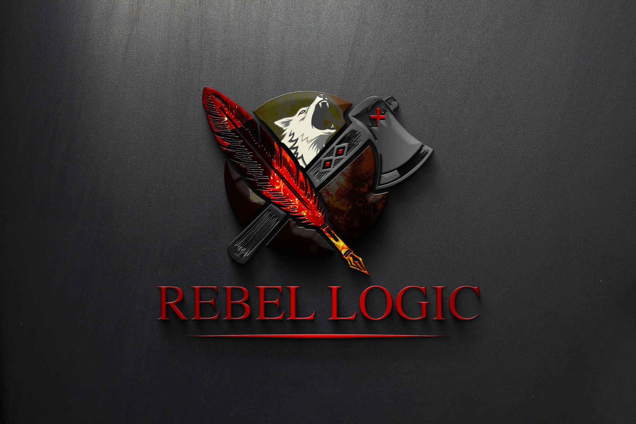 Rebel Logic Media 3D emblem: a quill, hatchet, and howling wolf