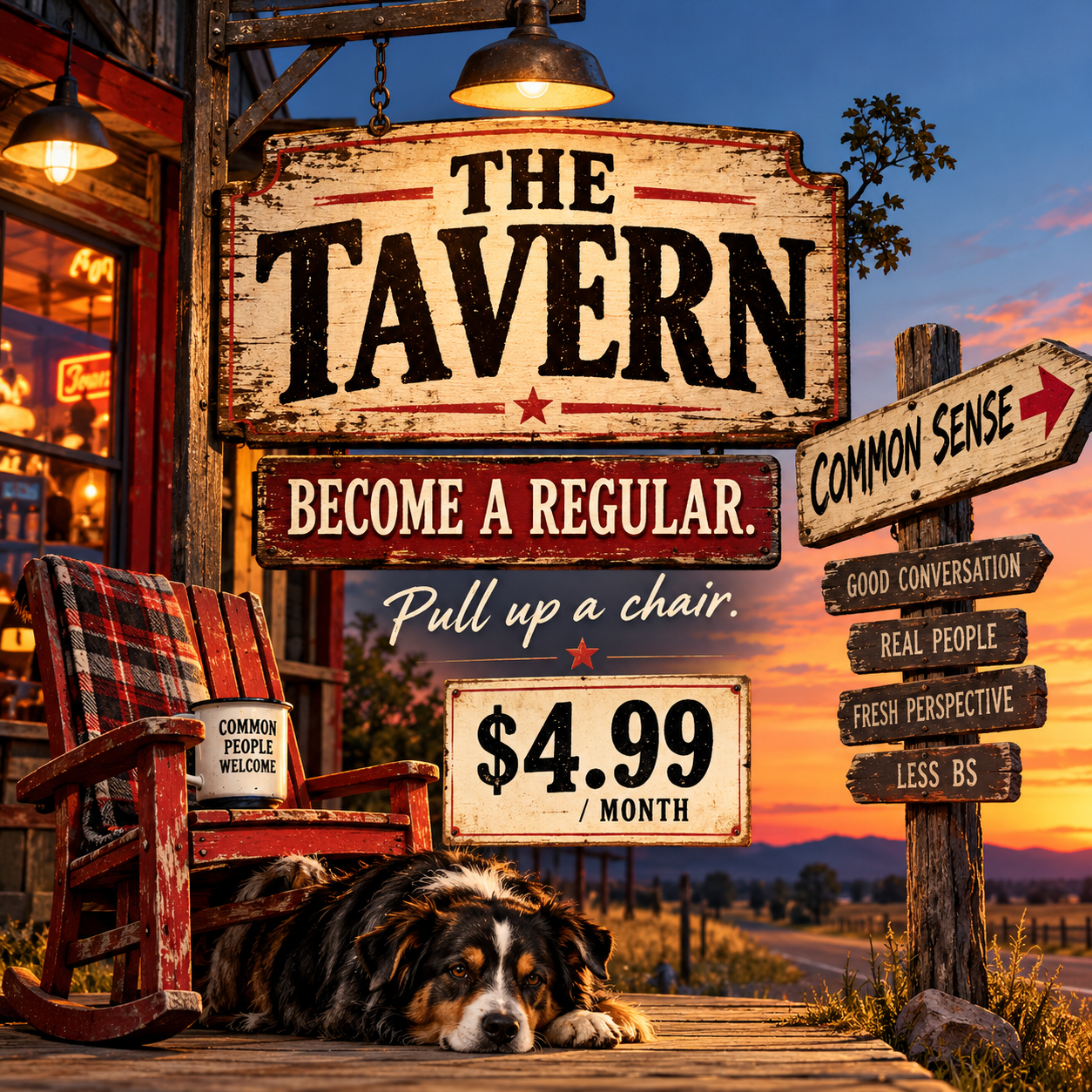 The Tavern at sunset: Become a regular. Pull up a chair.