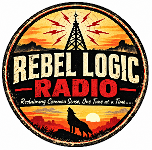 Rebel Logic Radio sunset and wolf logo