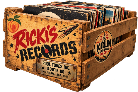 Ricki’s Records crate filled with vinyl records, marked KRLM and Pool Tunes Inc., Route 66